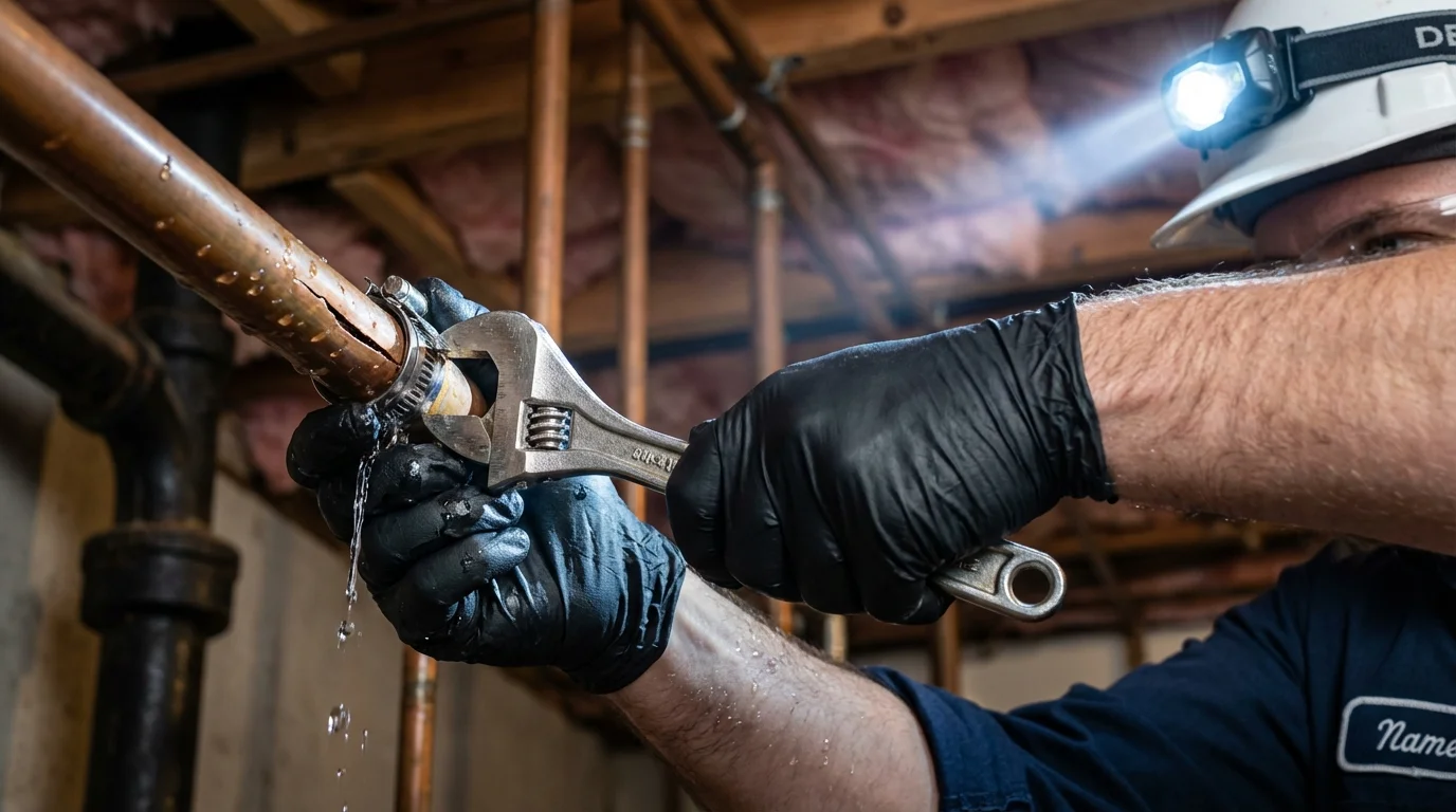 Emergency pipe clamp repair being performed by a Johns Plumbing LLC plumber in Marbury