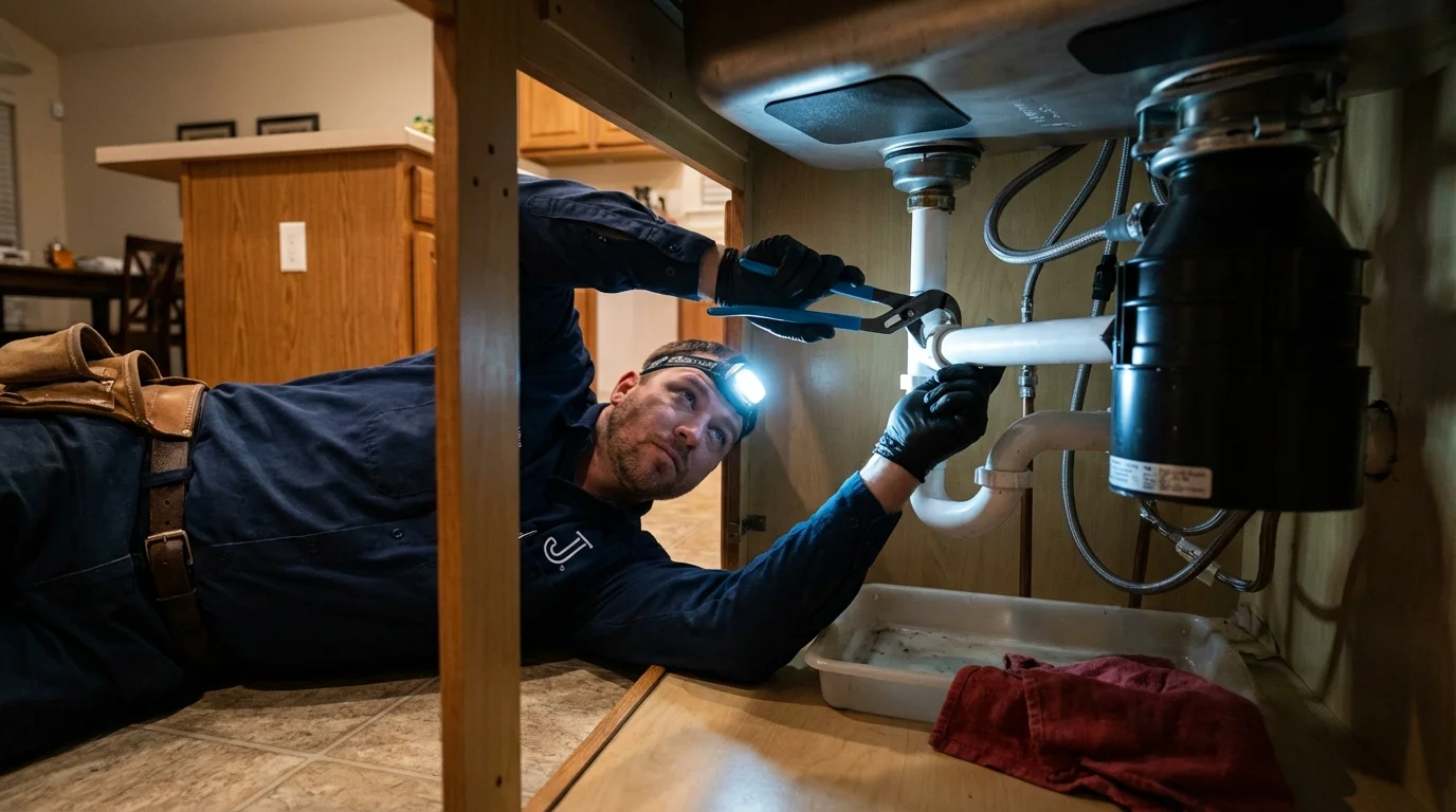 P-trap and supply line connections under a kitchen sink showing a common leak point in Marbury, AL